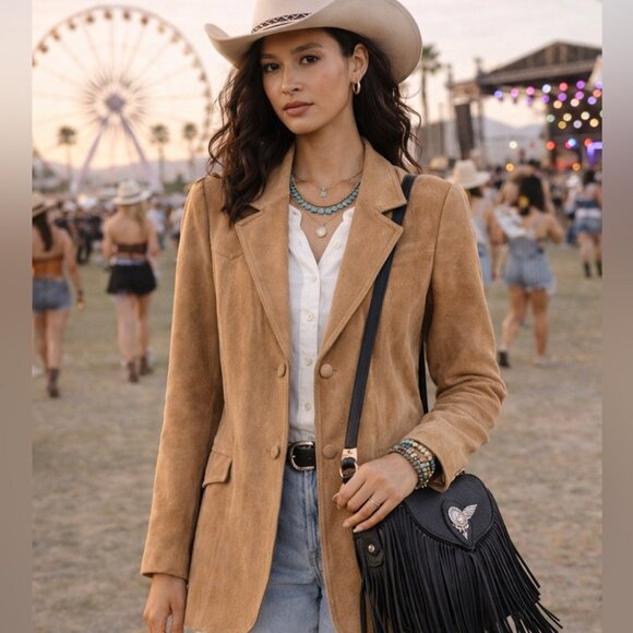American West Jackets & Blazers - Vintage American West Suede Leather Blazer Tan Western Jacket Rodeo Festival